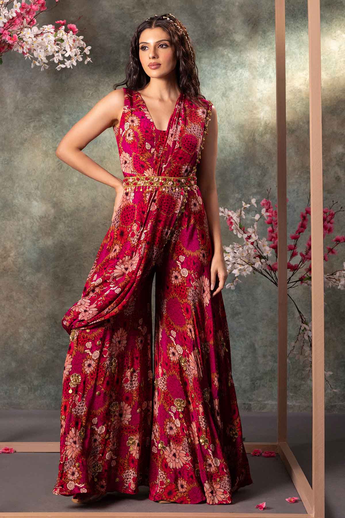 Buy Pink Printed Flared Jumpsuit by Mehak Murpana for women online at ScrollnShops