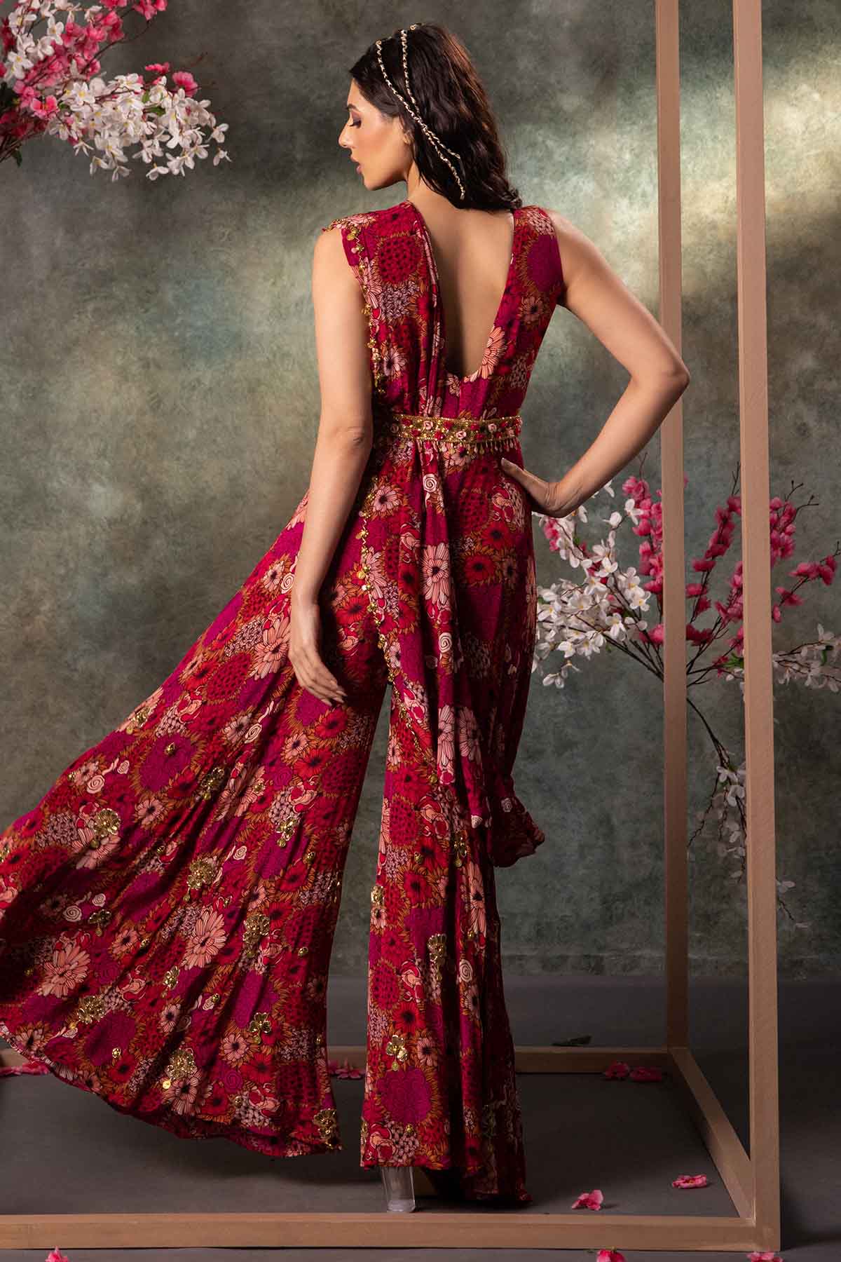 Pink Printed Flared Jumpsuit