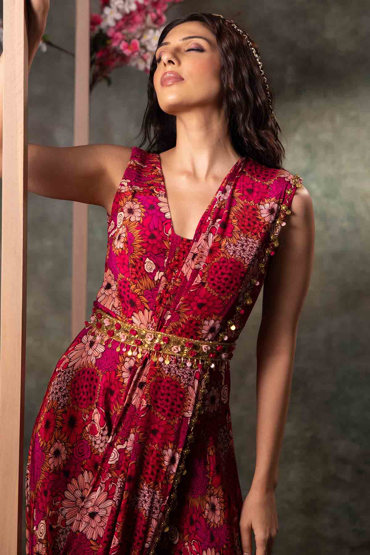 Pink Printed Flared Jumpsuit