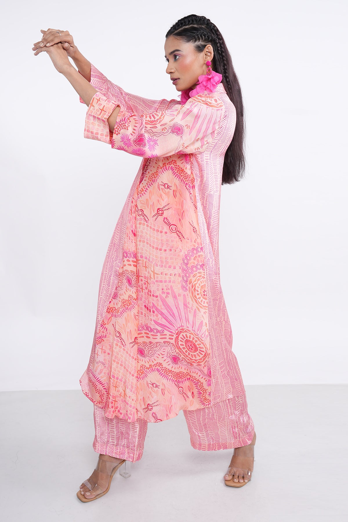 Pink Printed Flared Kurta Set