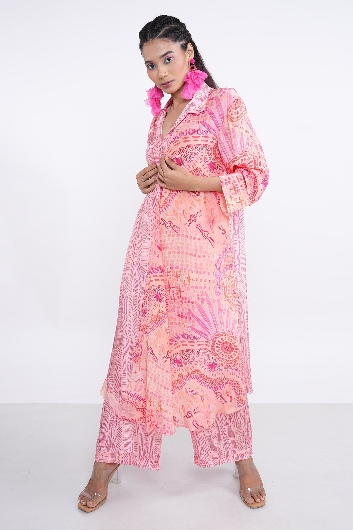 Pink Printed Flared Kurta Set