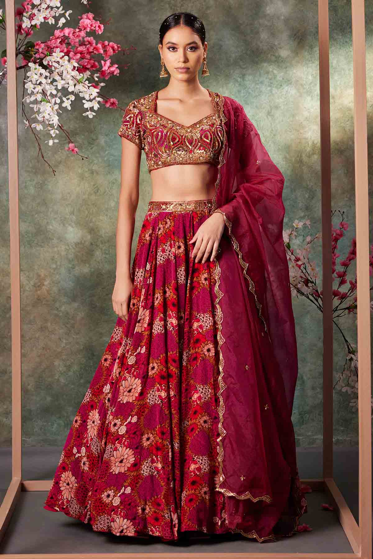 Buy Pink Printed Flared Lehenga Set by Mehak Murpana for women online at ScrollnShops