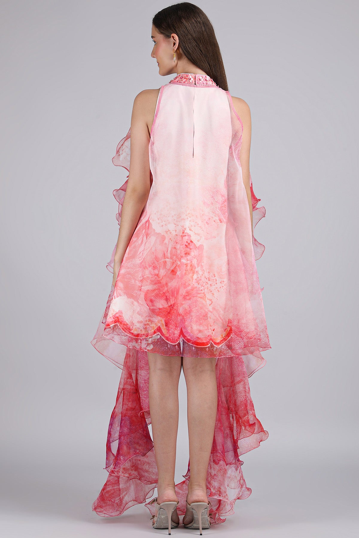 Pink Printed Frill Jacket Dress