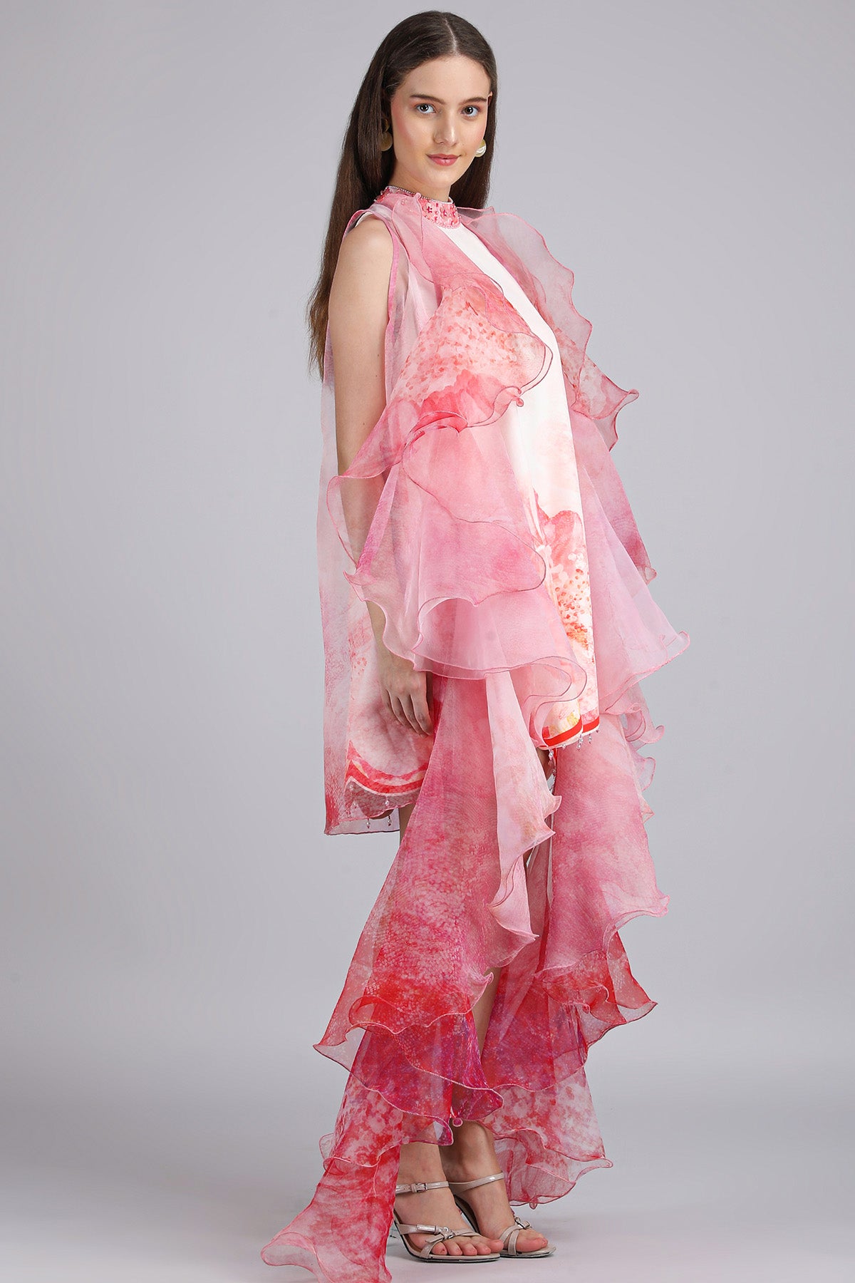 Pink Printed Frill Jacket Dress