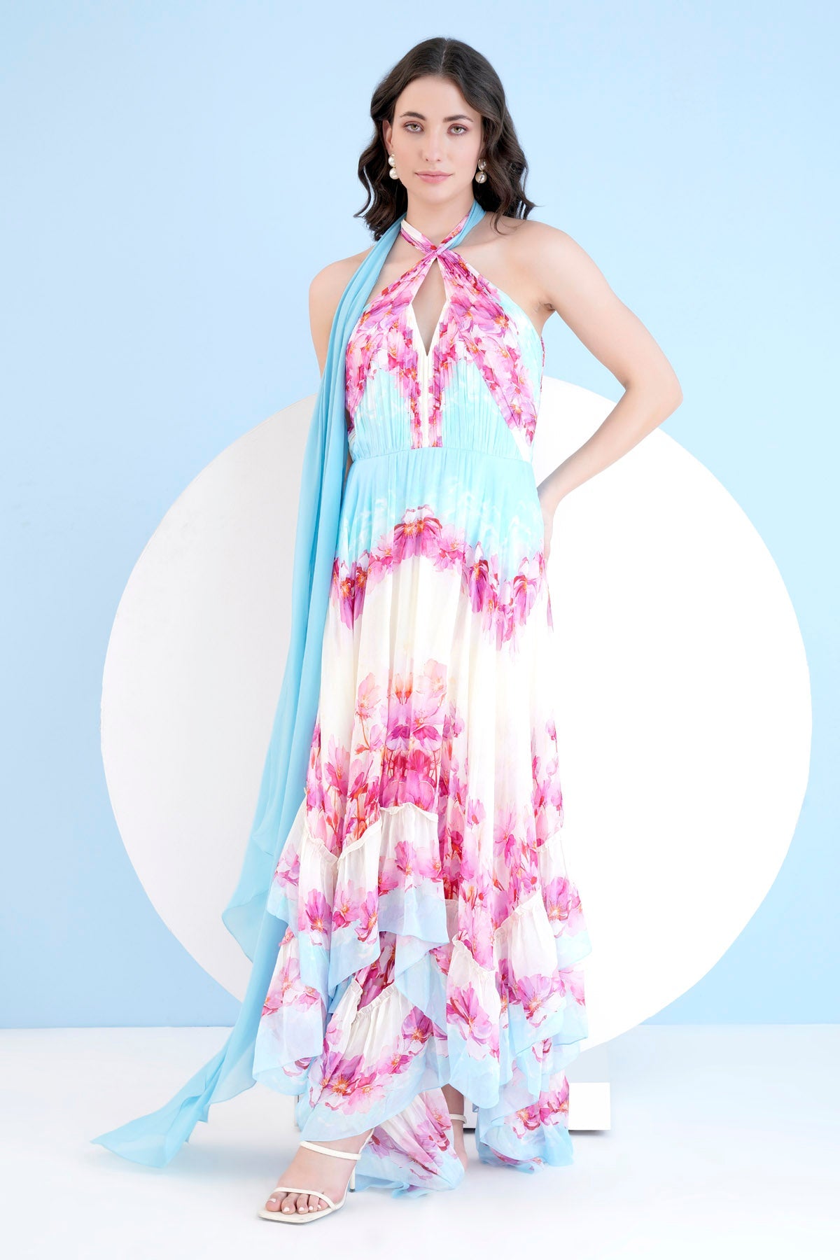 Buy Mandira Wirk Breezy Blues & Pinks: Chiffon High-Low Dress For Women at ScrollnShops