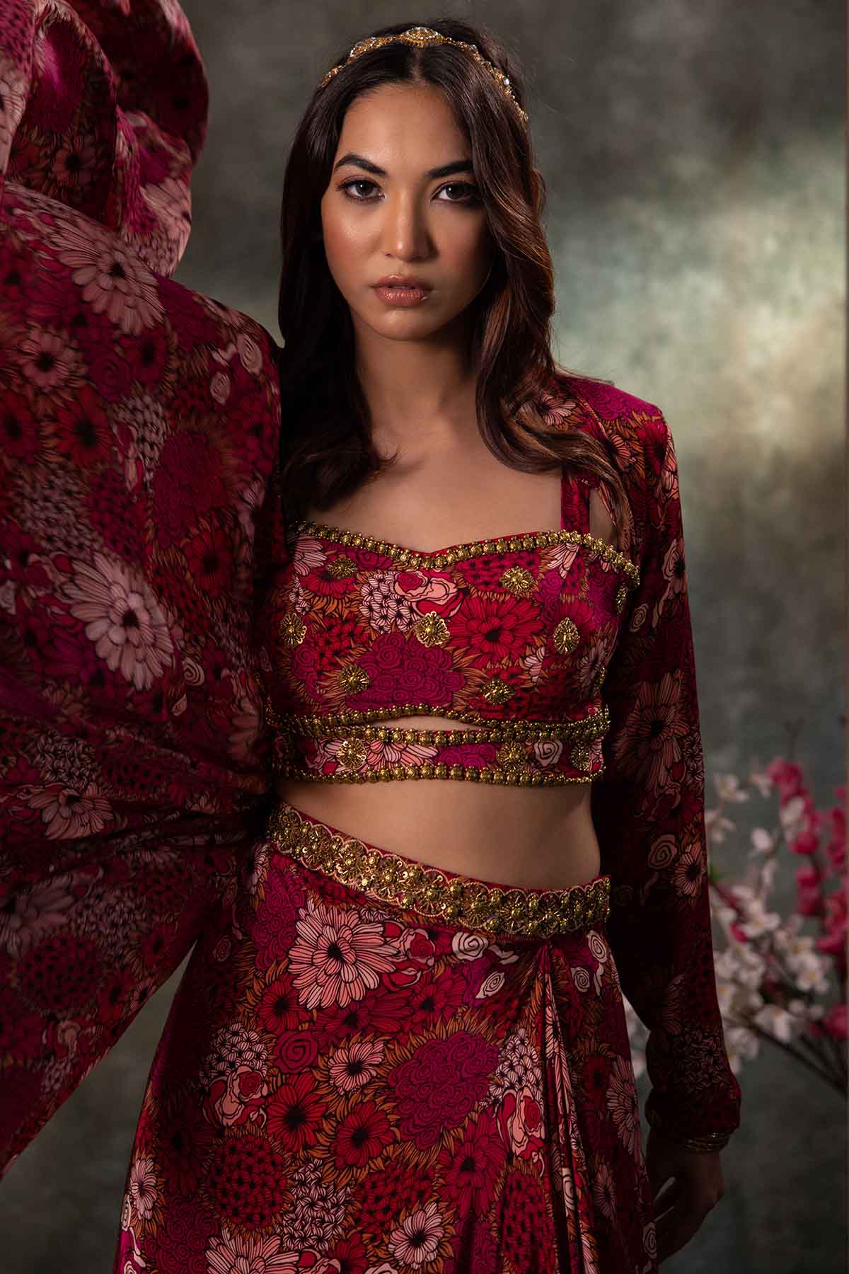 Pink Printed Jacket & Skirt Set