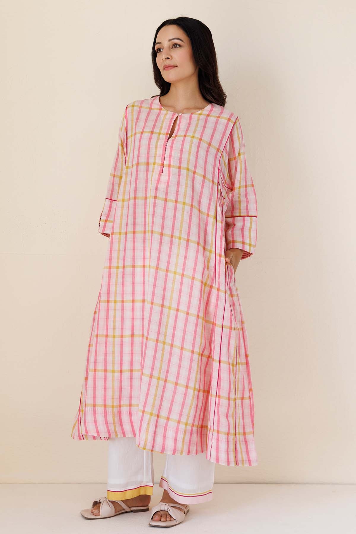 Pink Printed Kali Kurta & Pants