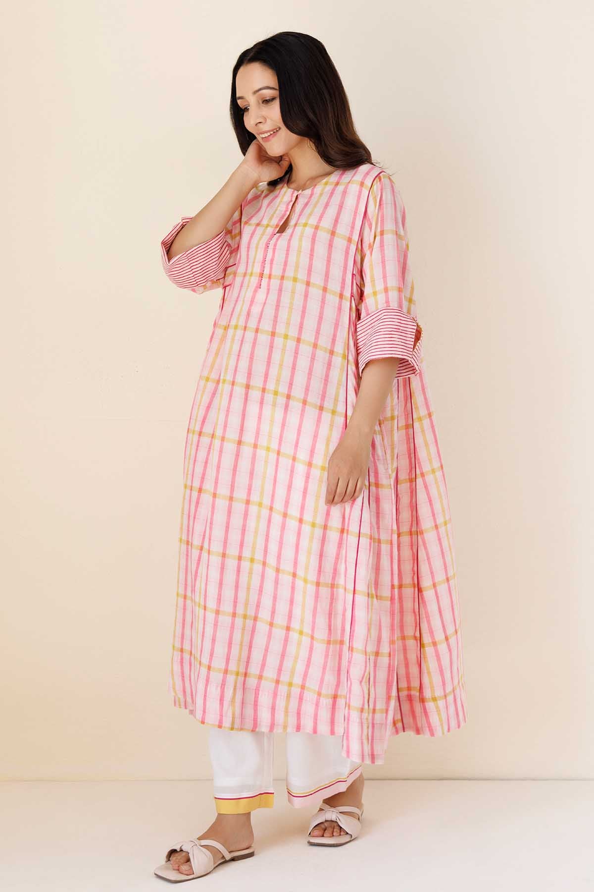 Pink Printed Kali Kurta & Pants