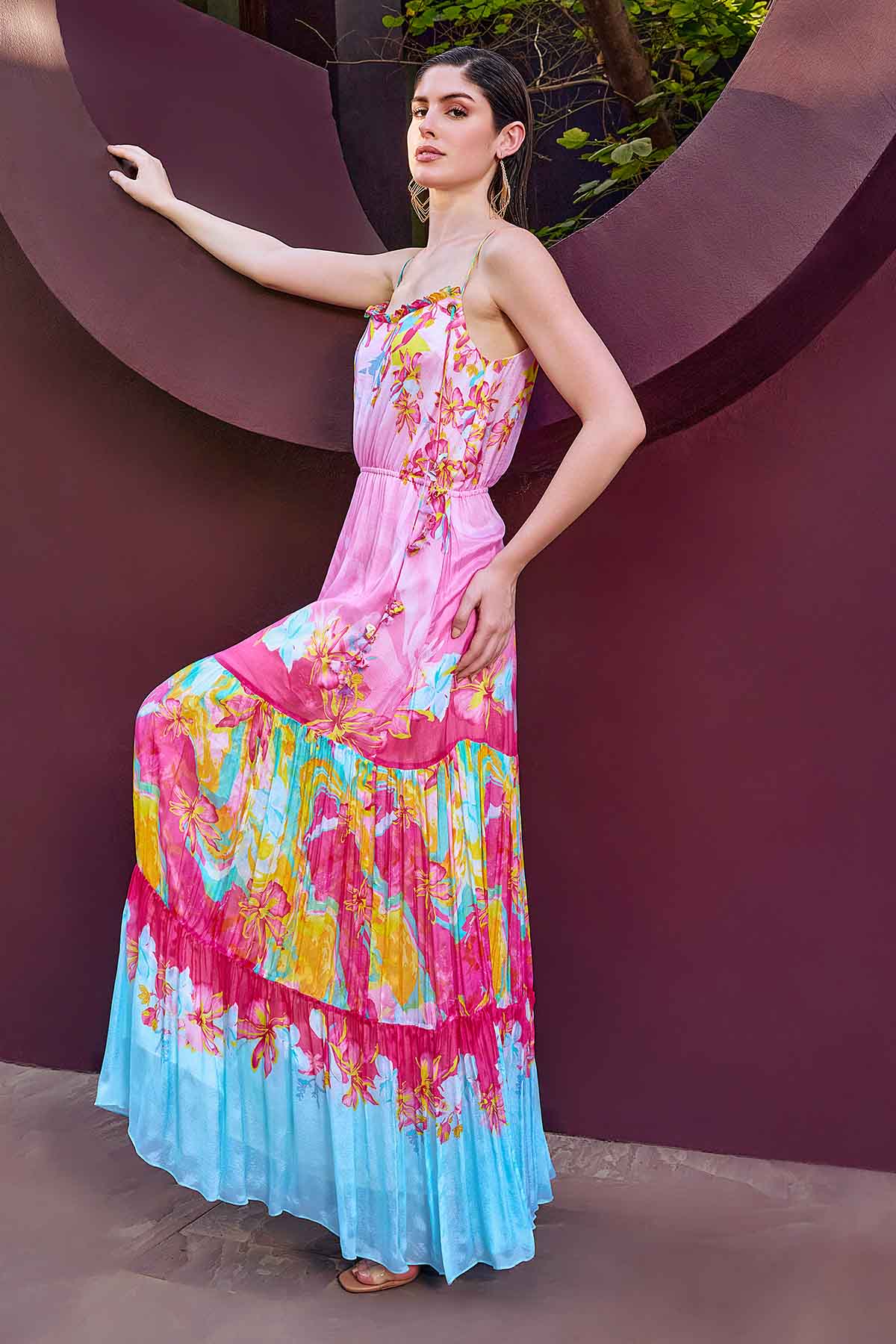 Pink Printed Layered Maxi Dress