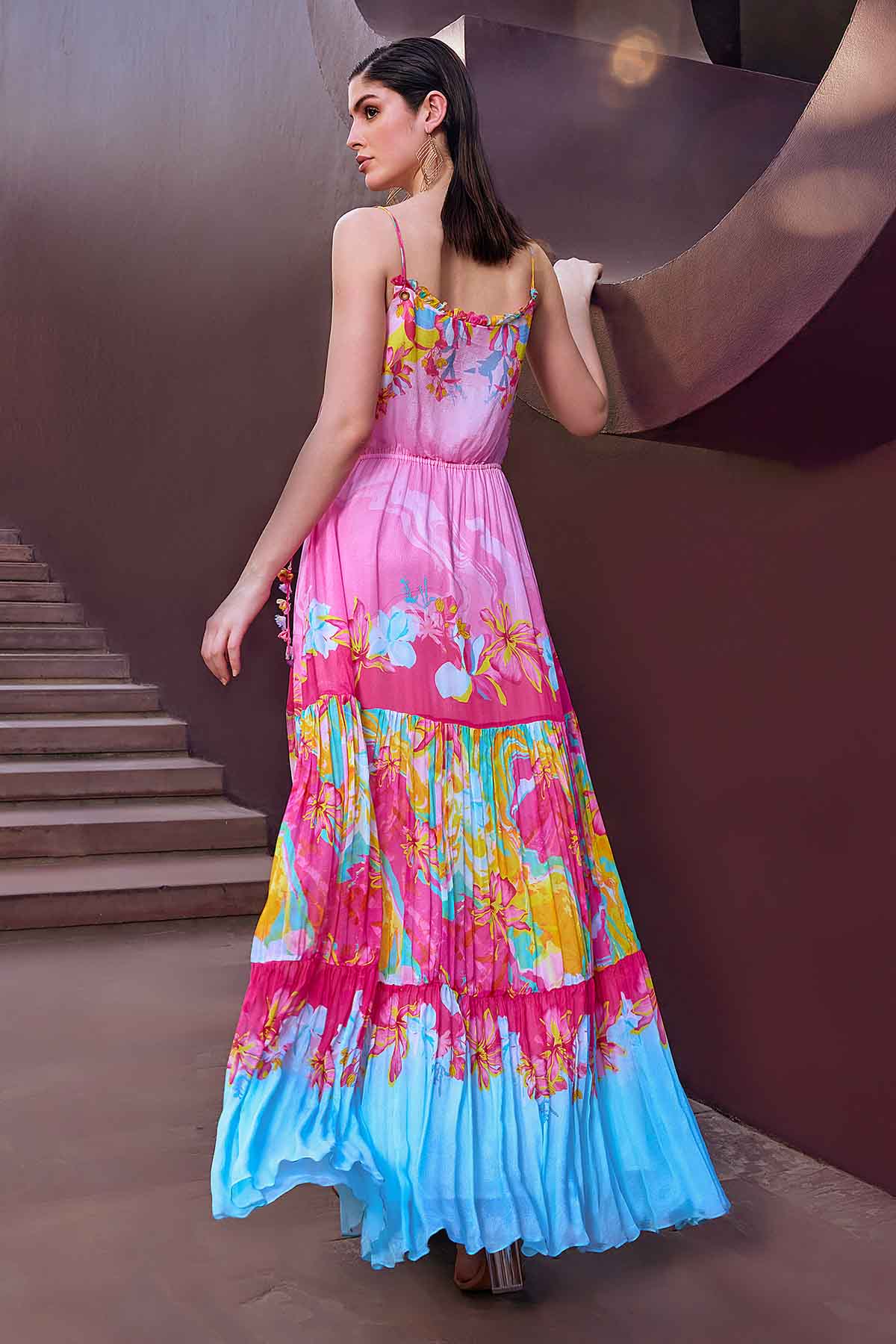Pink Printed Layered Maxi Dress
