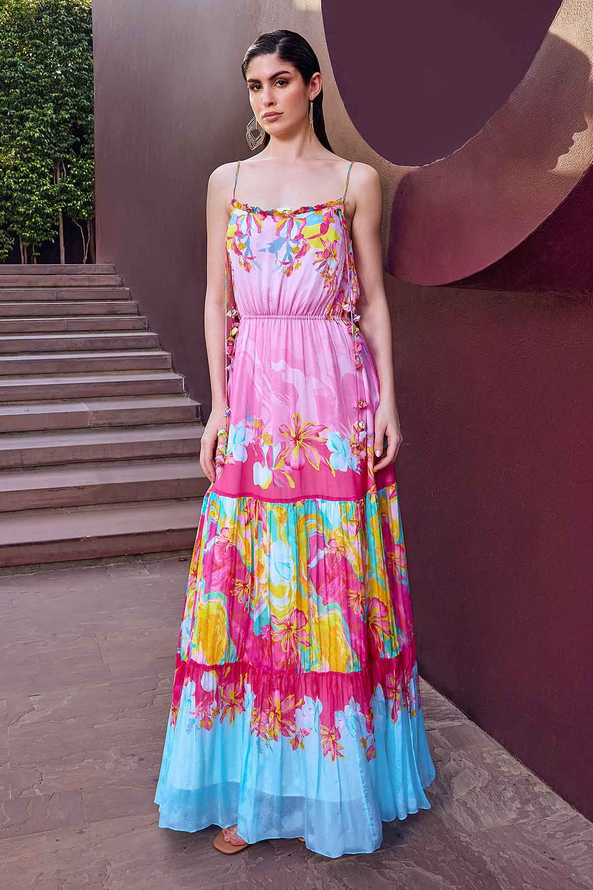 Buy Pink Printed Layered Maxi Dress by Mandira Wirk