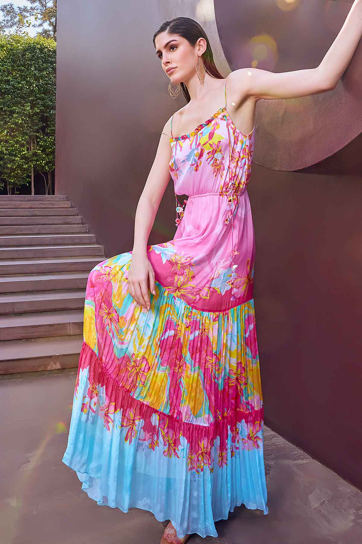 Pink Printed Layered Maxi Dress
