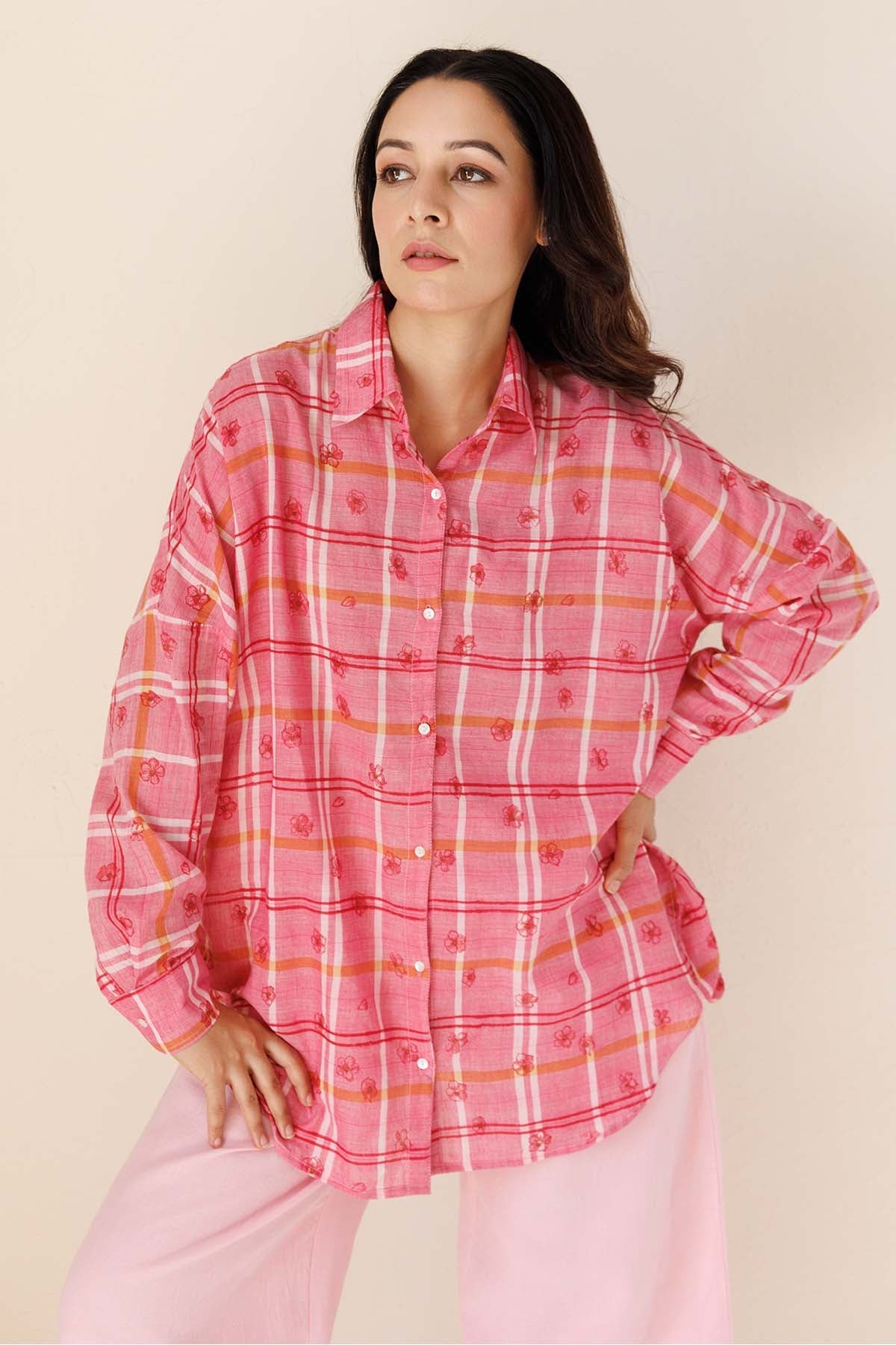 Buy Pink Printed Loose Fit Shirt by Label Surabhi Raj for women online at ScrollnShops