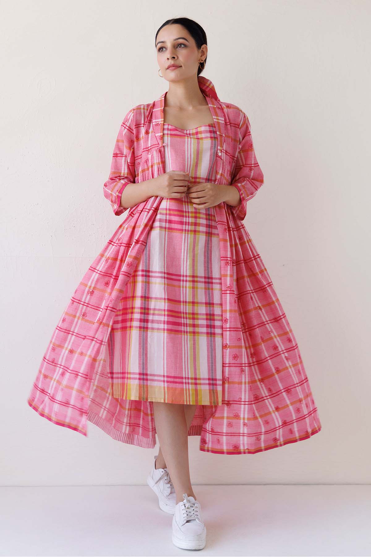 Buy Designer Pink Printed Midi Jacket Dress for Women