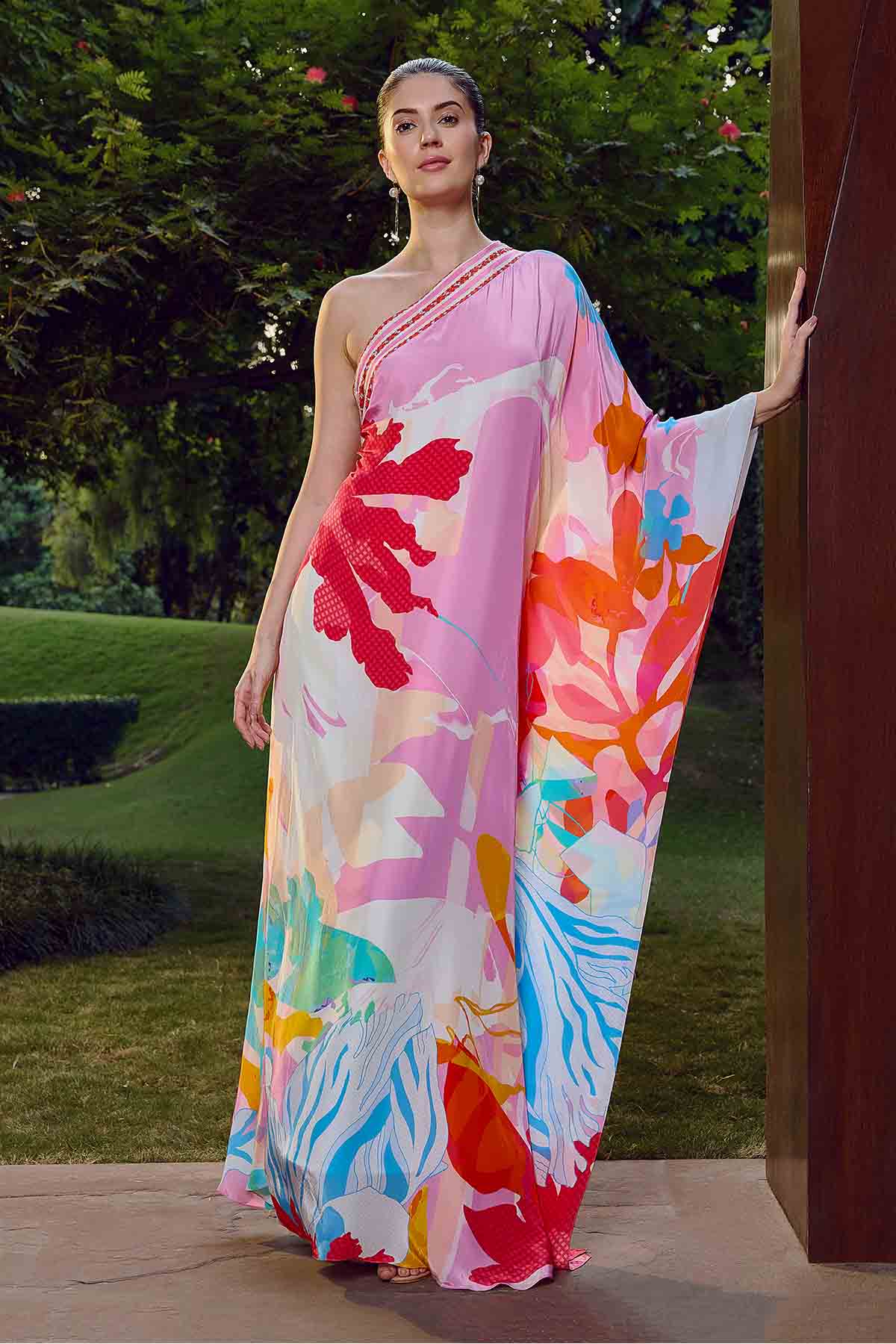 Pink Printed One Shoulder Kaftan