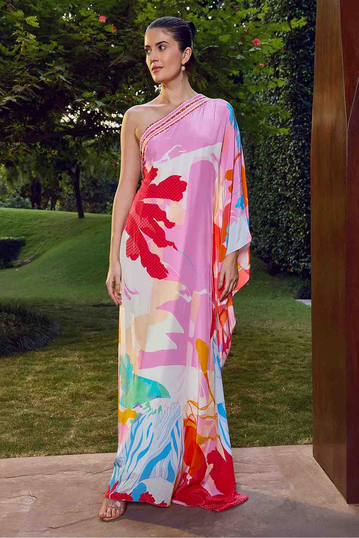 Buy Pink Printed One Shoulder Kaftan by Mandira Wirk