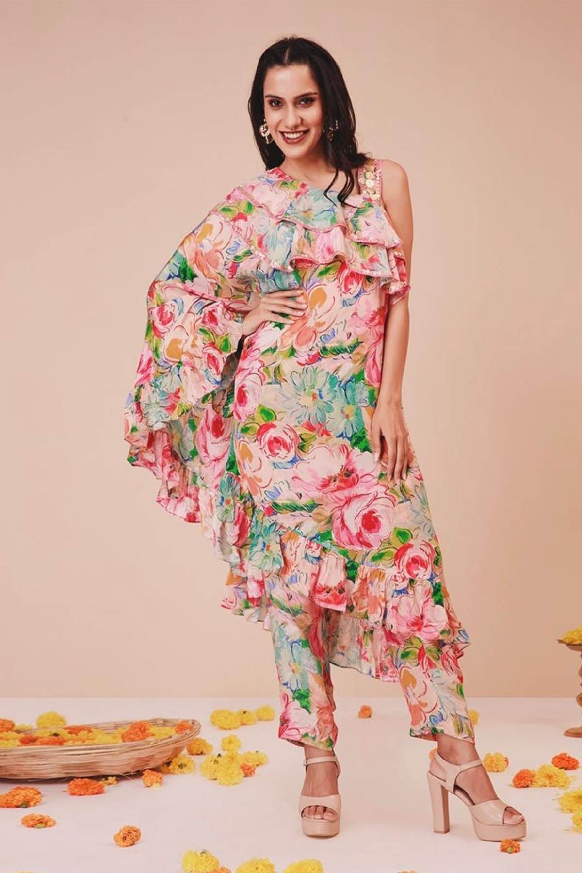 Buy Pink Printed Ruffle Co-ord Set by Niyami for women online at ScrollnShops