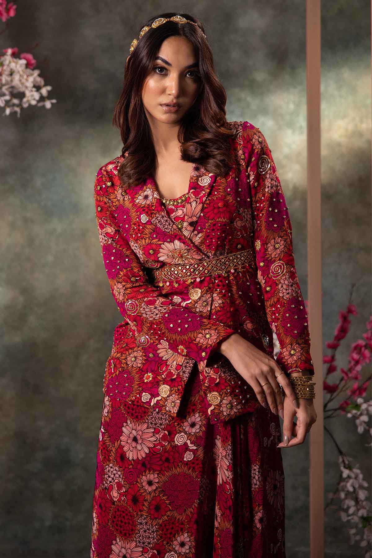 Pink Printed Skirt Set & Belt