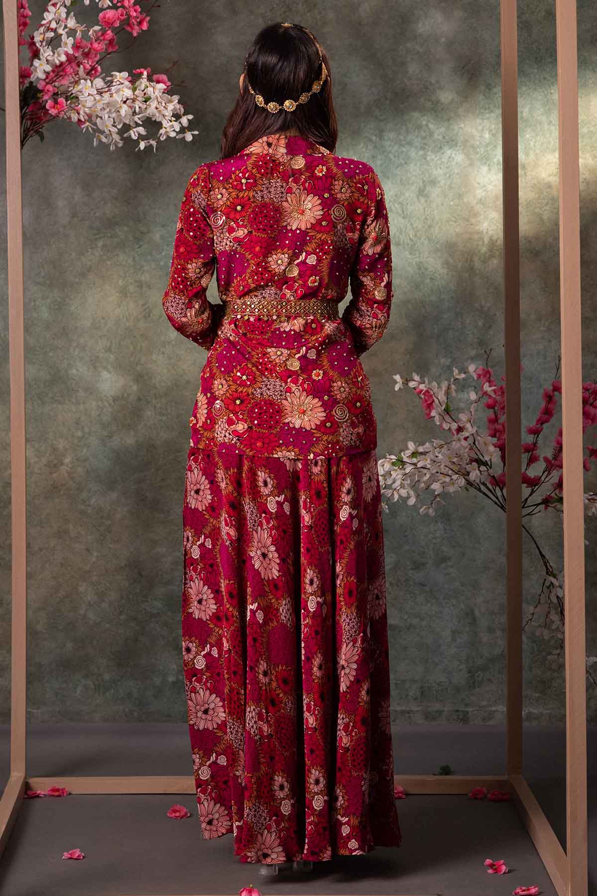 Pink Printed Skirt Set & Belt