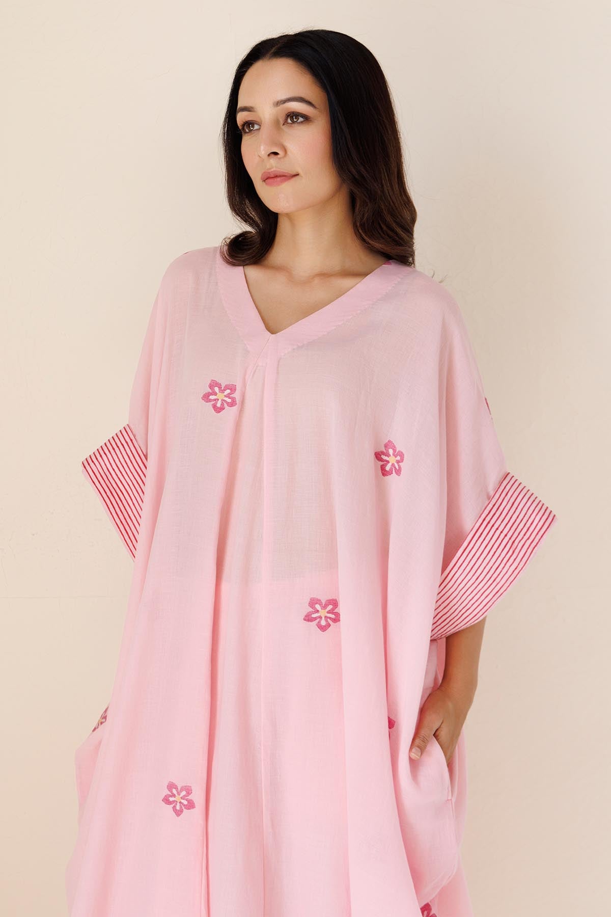 Pink Printed V-Neck Kaftan Set