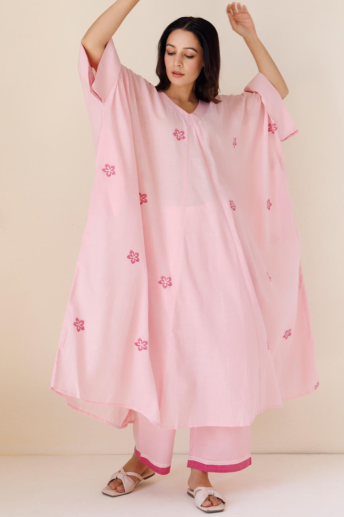 Pink Printed V-Neck Kaftan Set