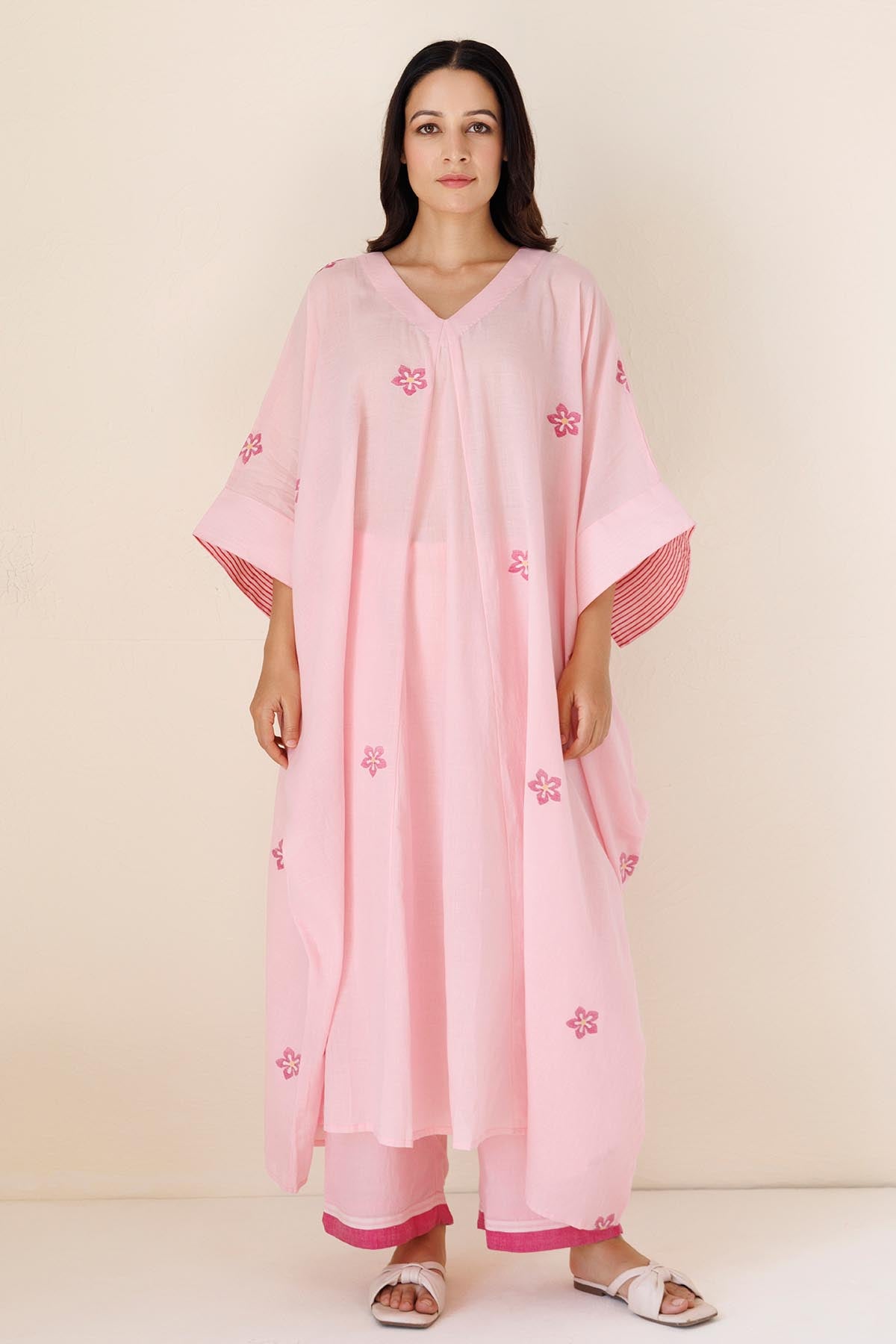 Buy Designer Pink Printed V-Neck Kaftan Set for Women
