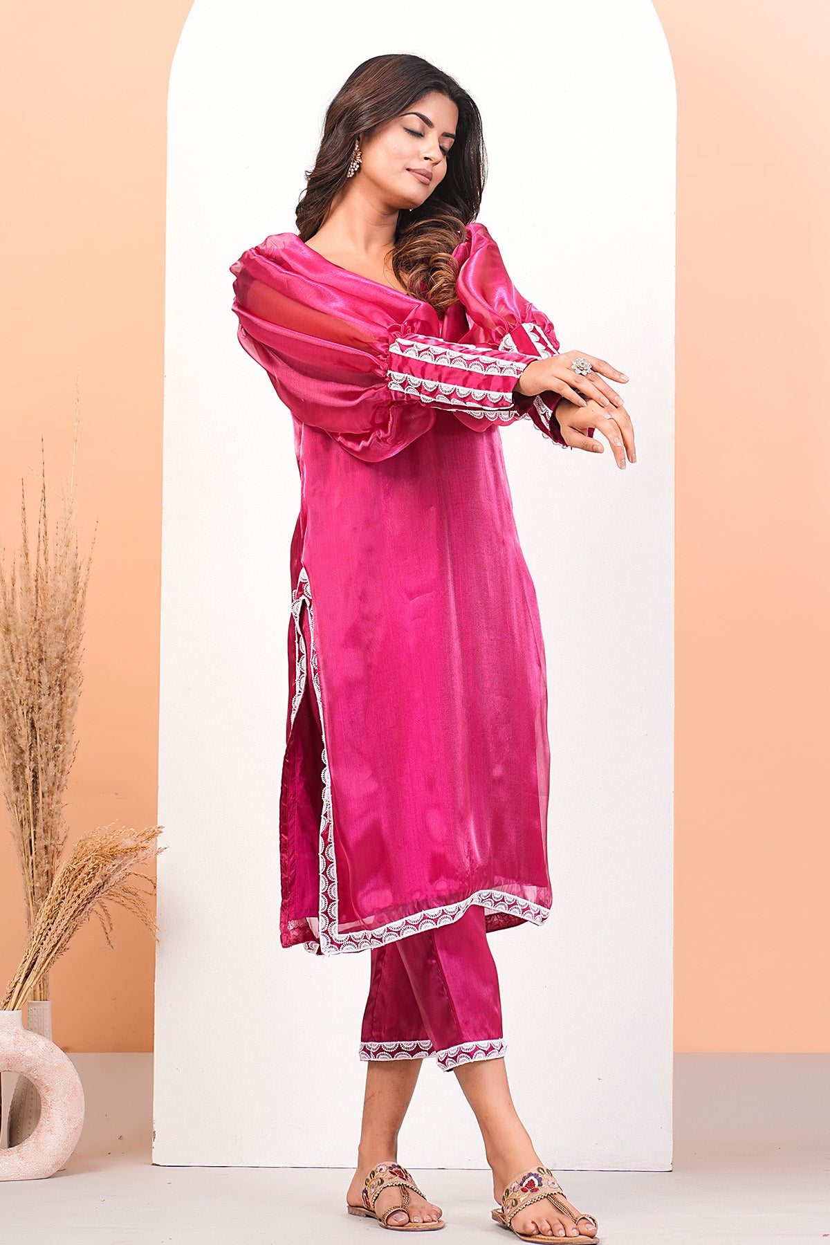 Pink Puff Sleeves Kurta Set