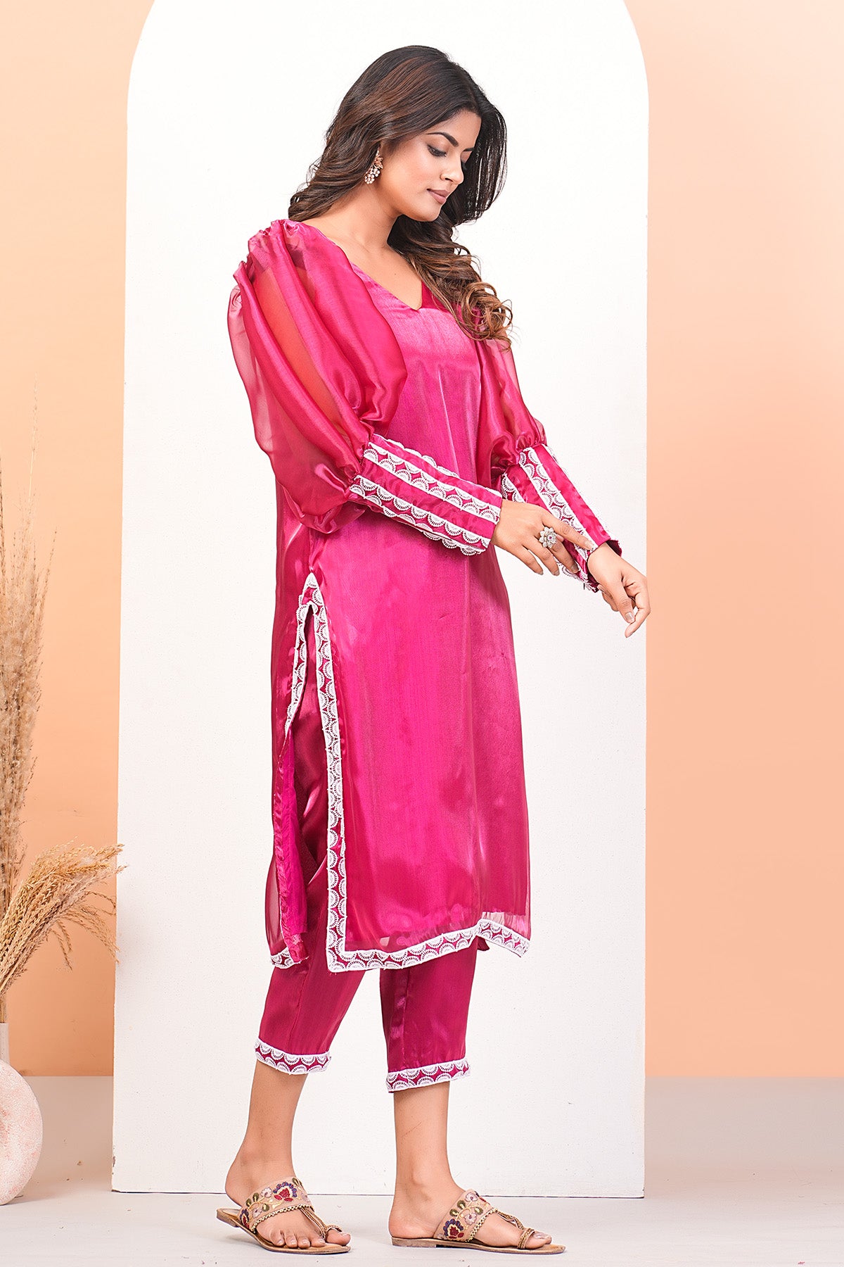 Pink Puff Sleeves Kurta Set
