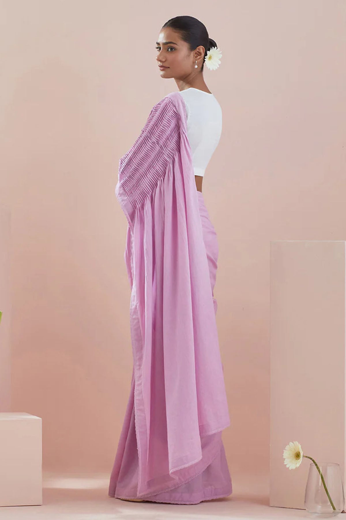 Pink Pure Cotton Pintuck Saree