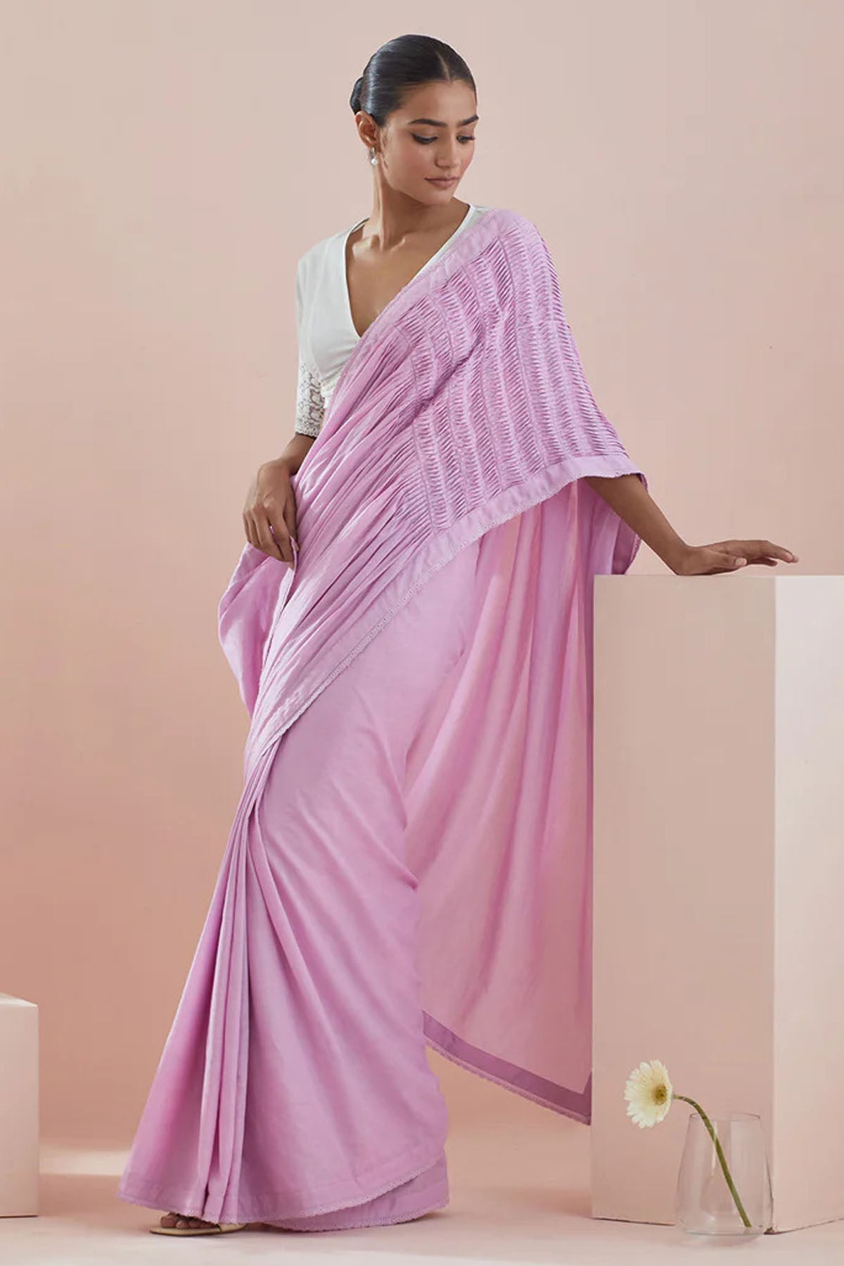 Vinusto Pink Pure Cotton Pintuck Saree for women online at ScrollnShops