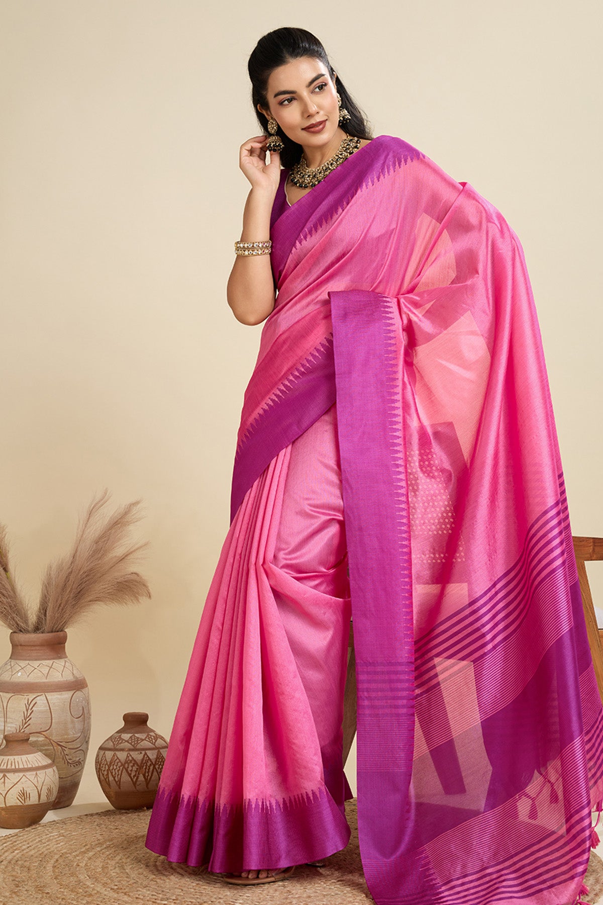 Pink Raw Silk Thread Work Saree