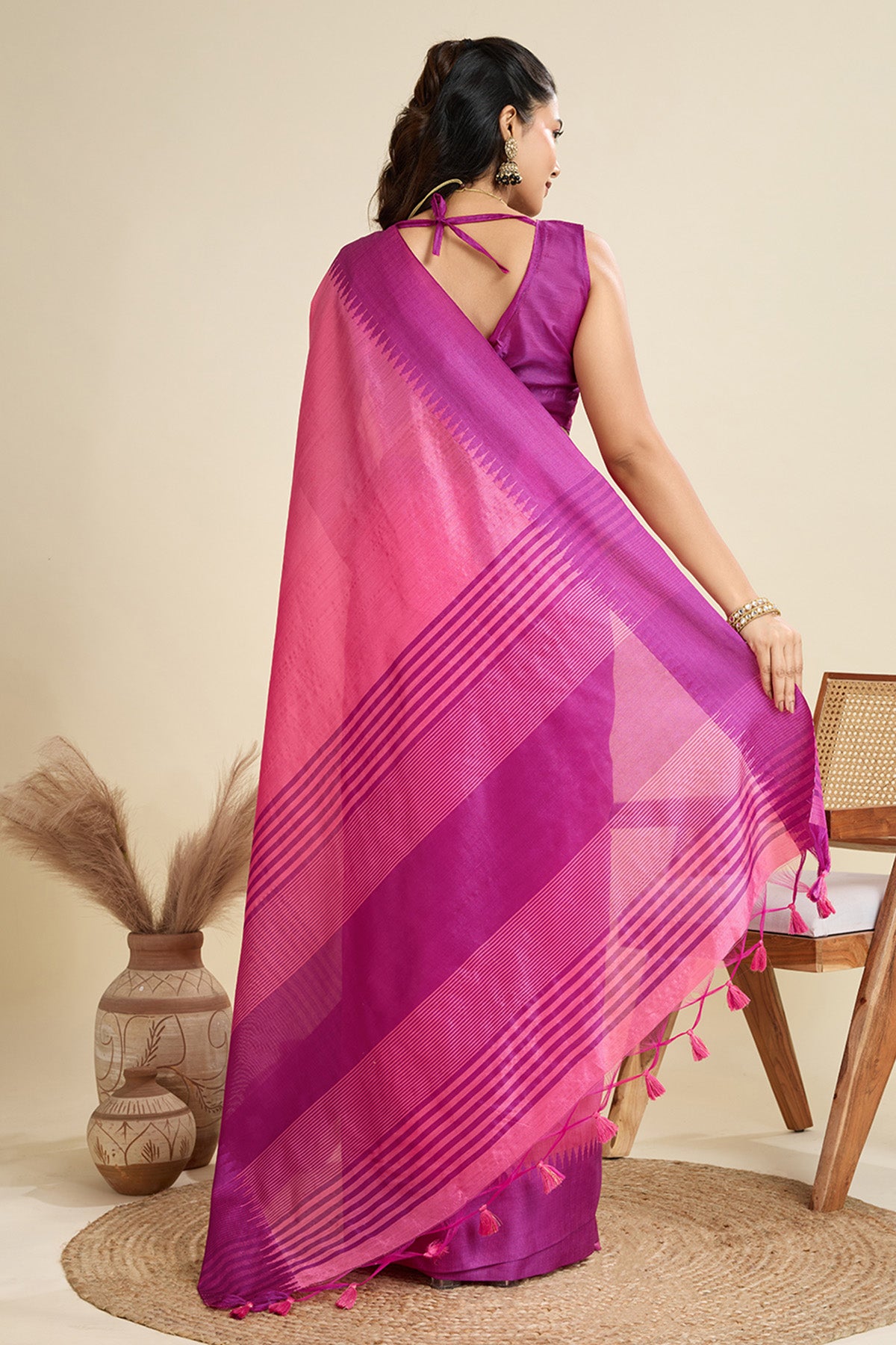 Pink Raw Silk Thread Work Saree