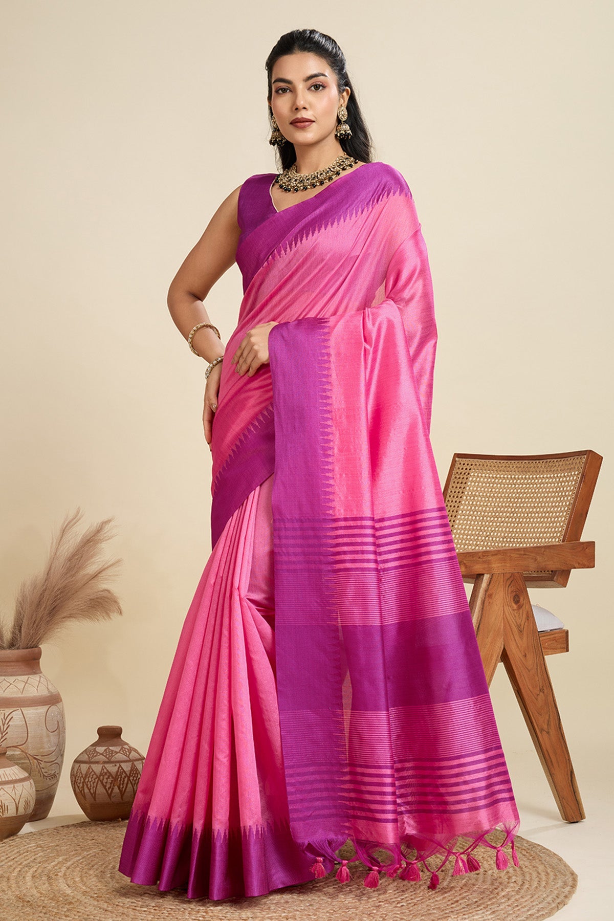 Buy Pink Raw Silk Thread Work Saree for Women Online available at ScrollnShops