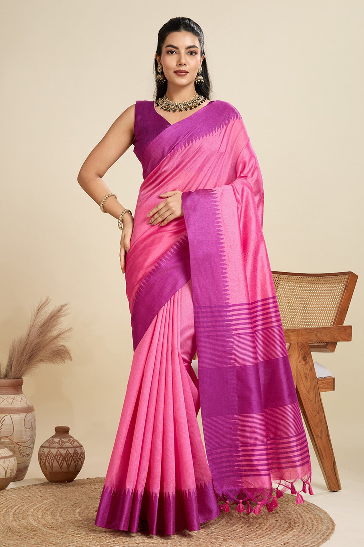 Pink Raw Silk Thread Work Saree