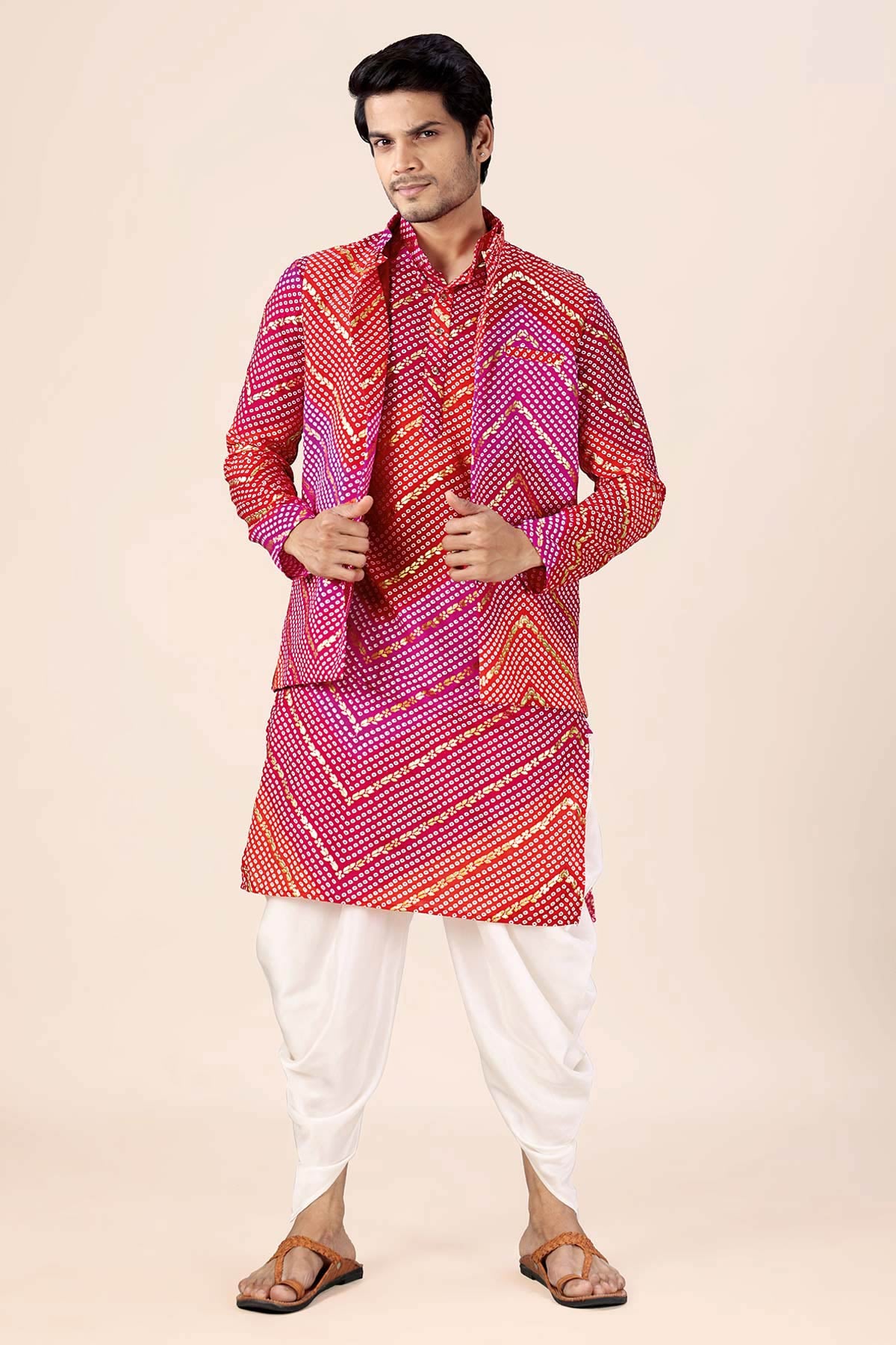 Pink & Red Bandhani Bundi Set