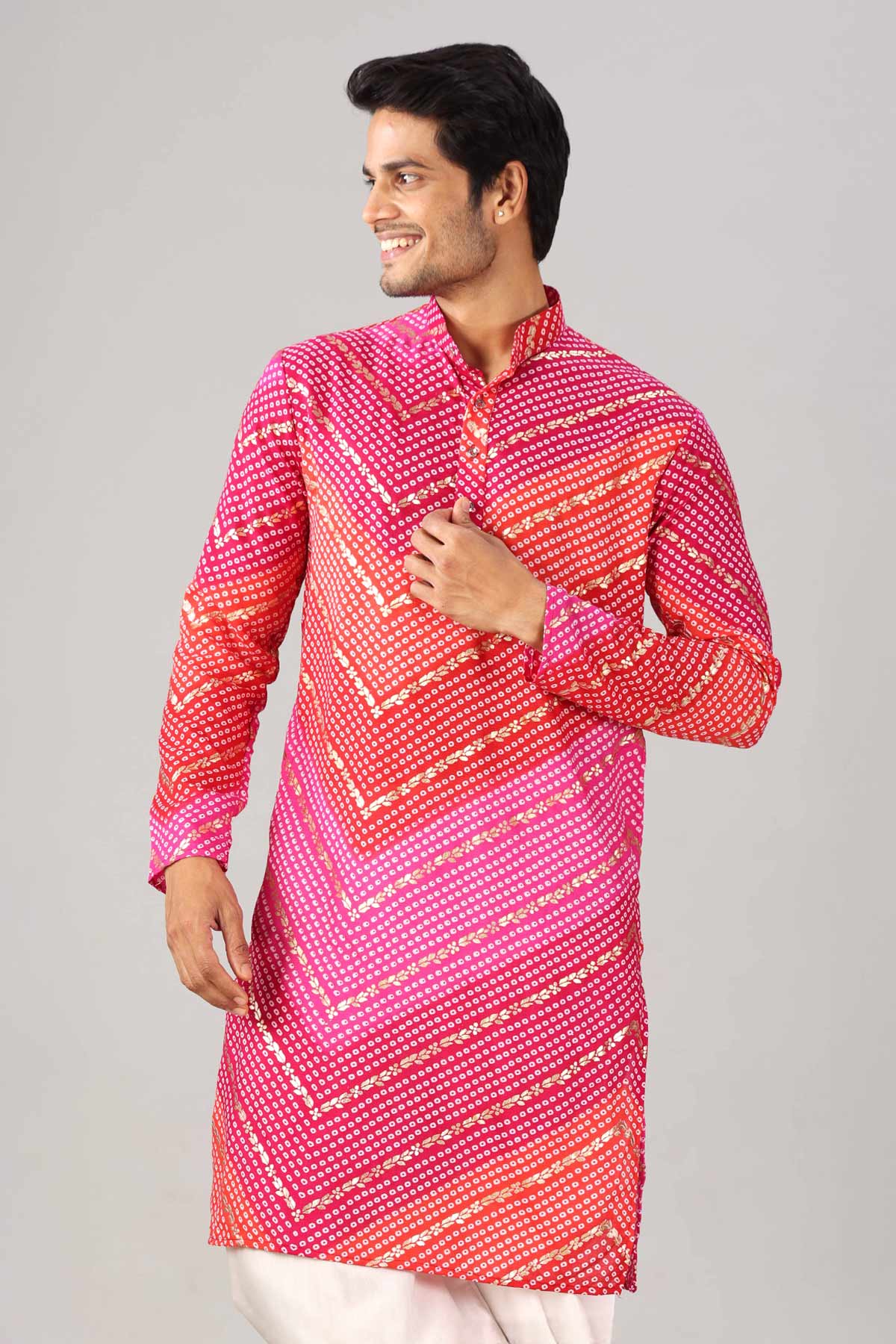 Buy Pink & Red Bandhani Print Kurta for women by Priyanka Jain online available at scrollnshops