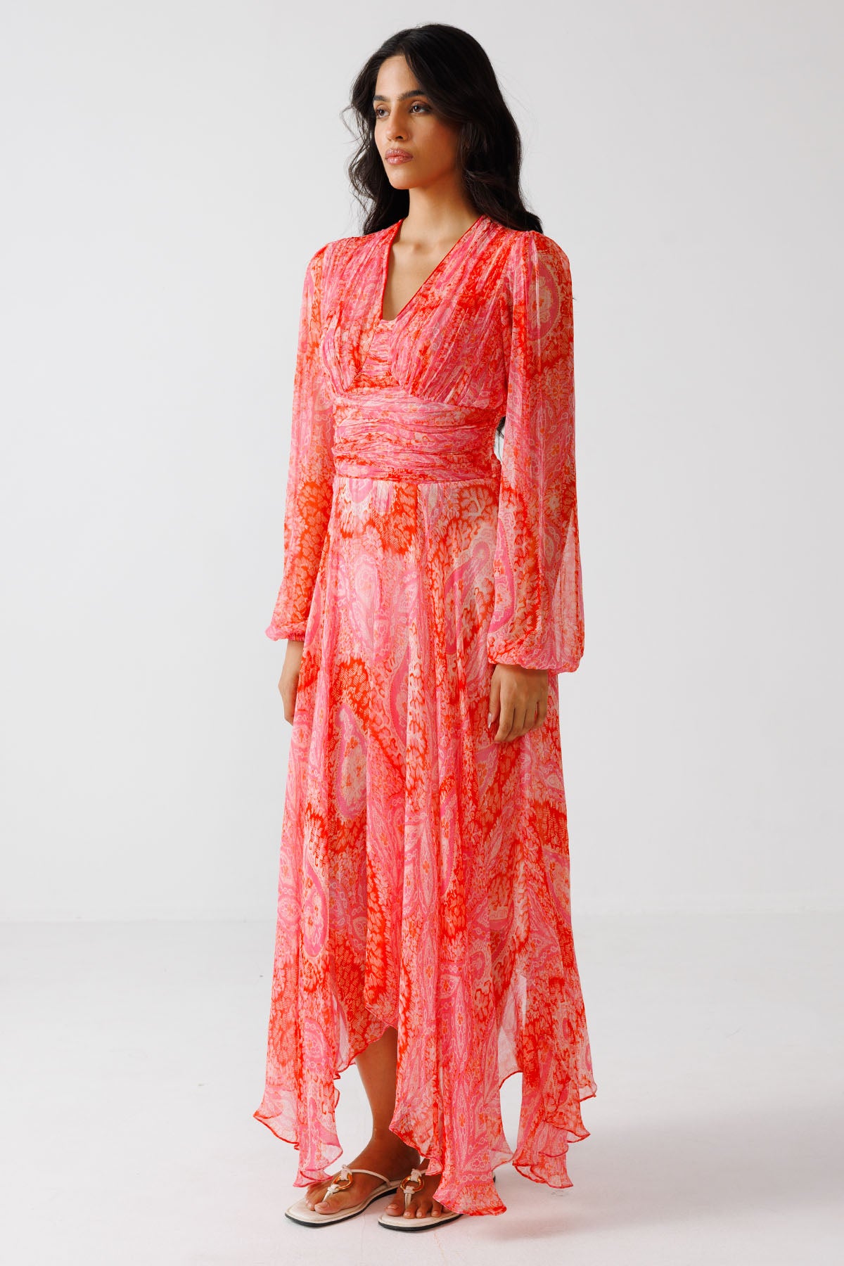 Pink Red Crinkled Chiffon Dress