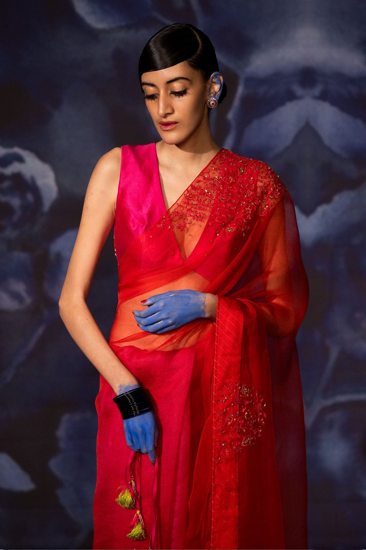 Pink & Red Embroidered Saree