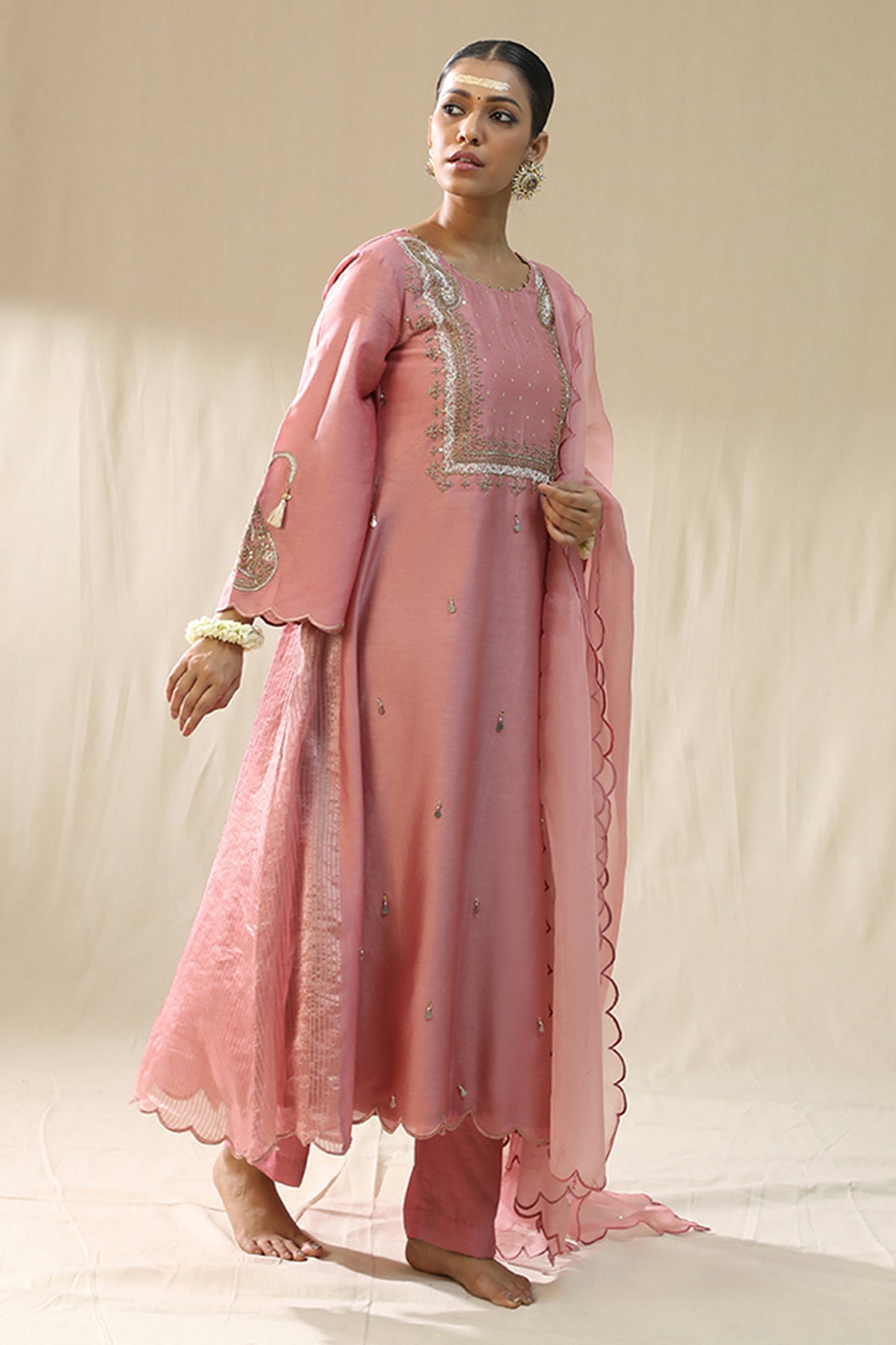 Pink Resham A-Line Kurta Set