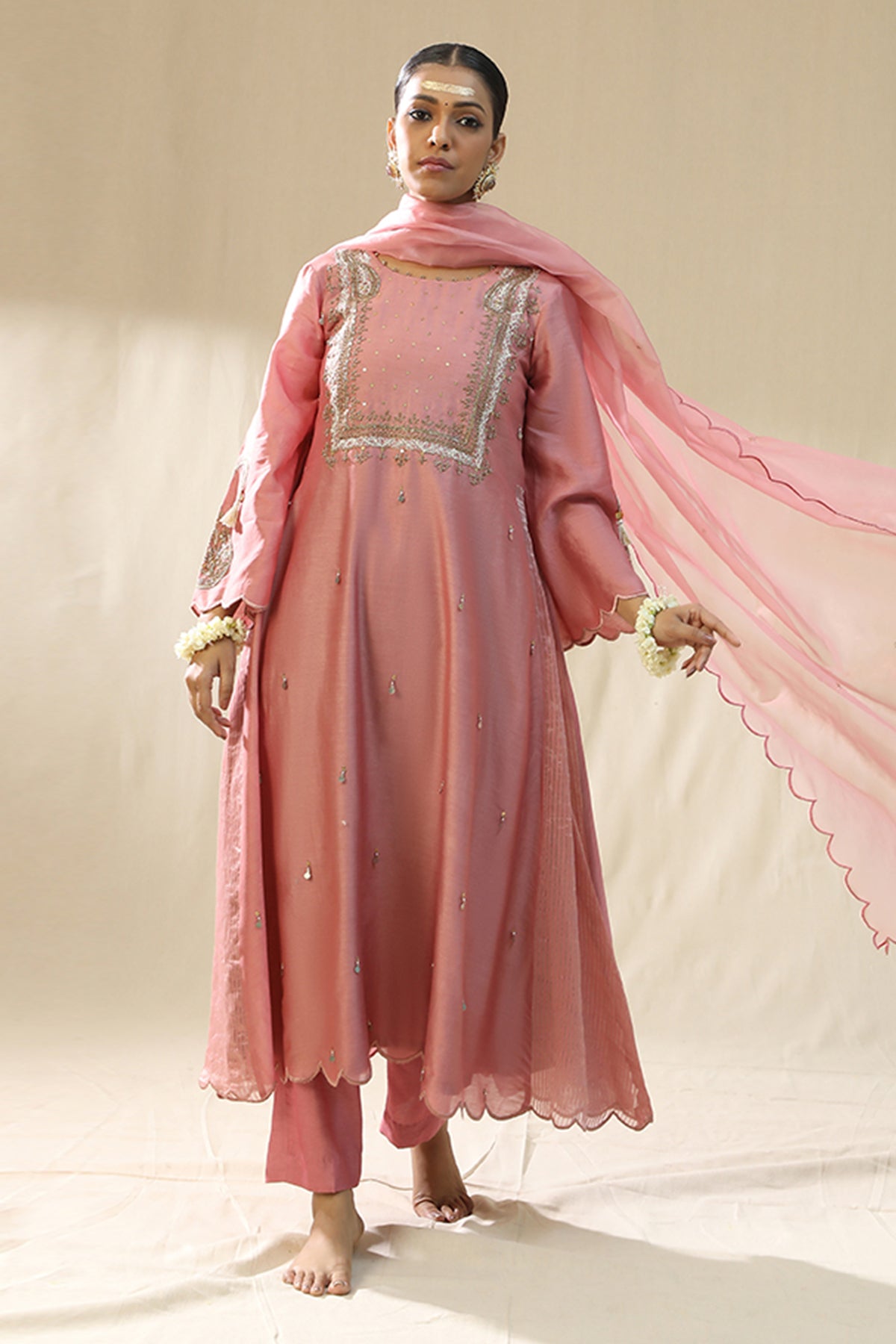 Pink Resham A-Line Kurta Set