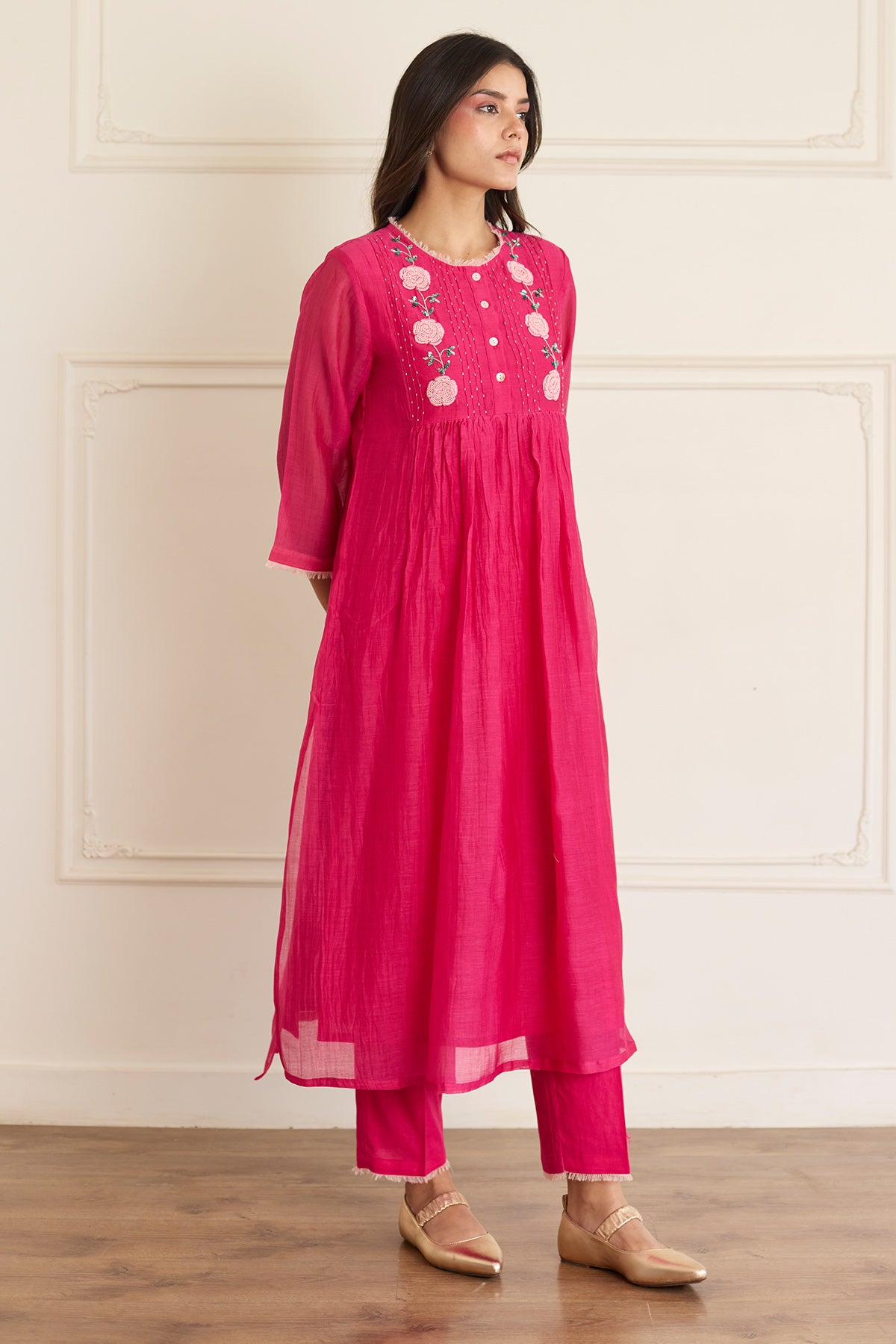 Pink Resham Chanderi Kurta Set