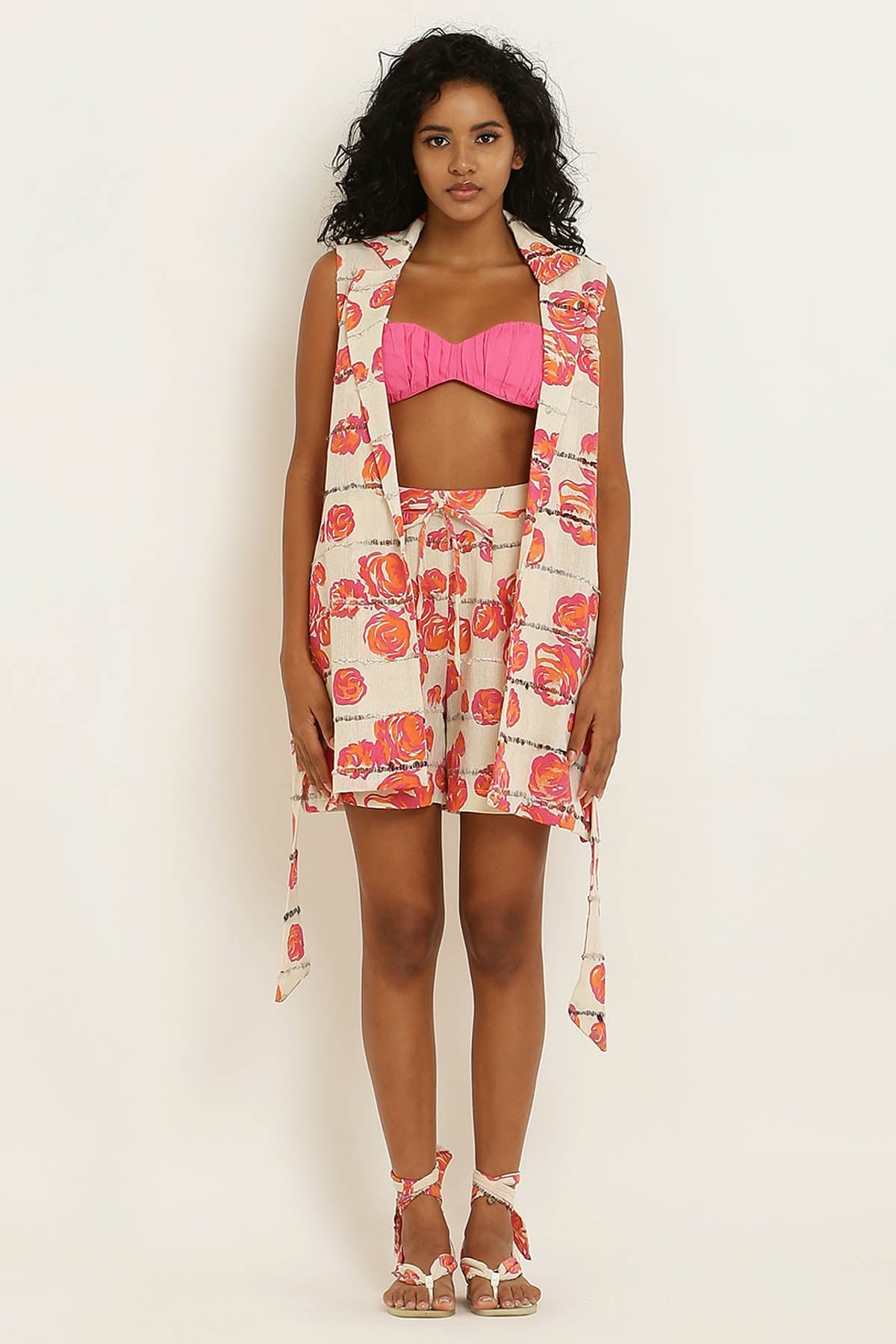Designer Kusmi Petal Power: Handwoven Pink Jacket with Rose Motif For Women at ScrollnShops