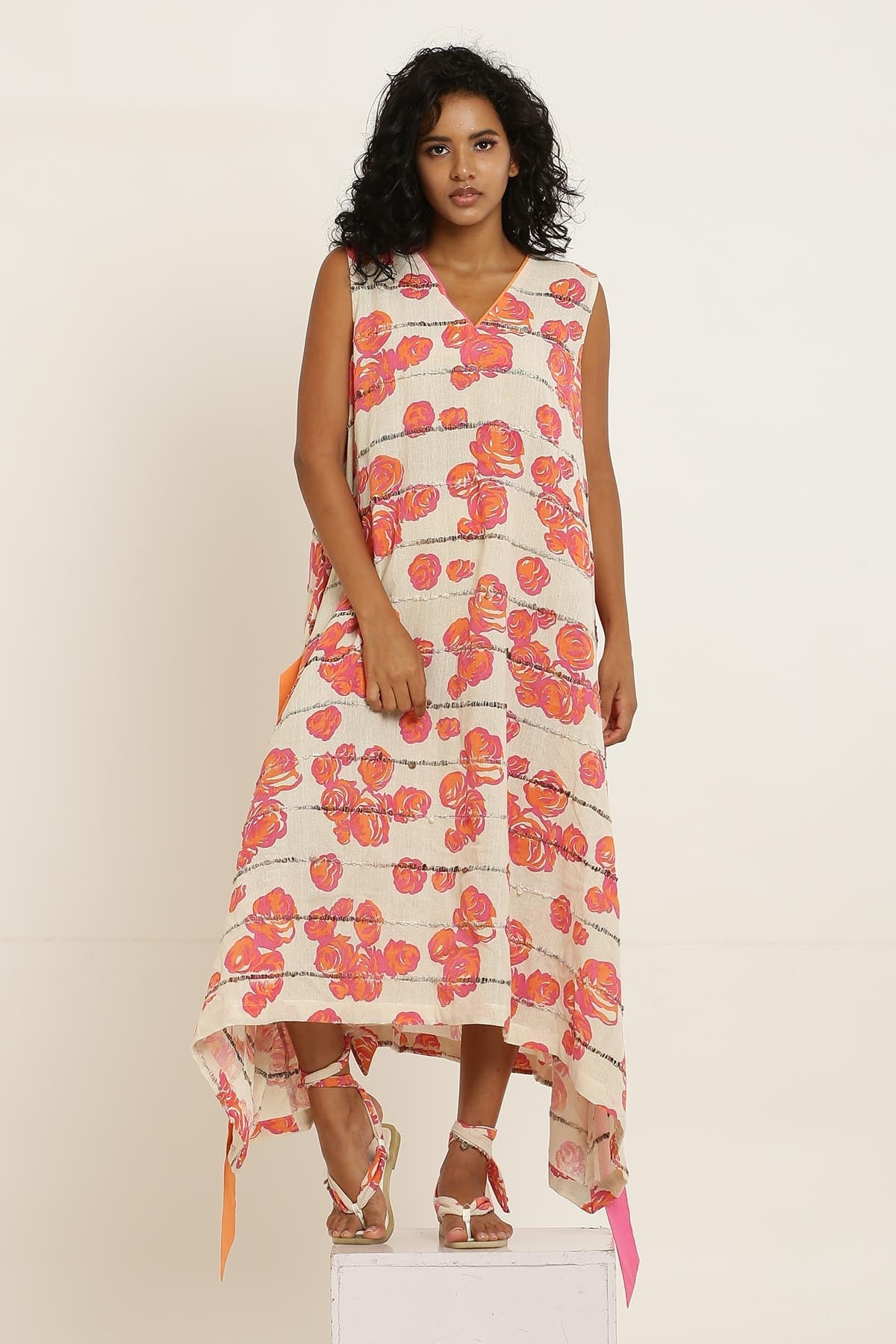 Designer Kusmi Luxury Pink Rose Printed Cotton Dress - Blushing Elegance For Women at ScrollnShops