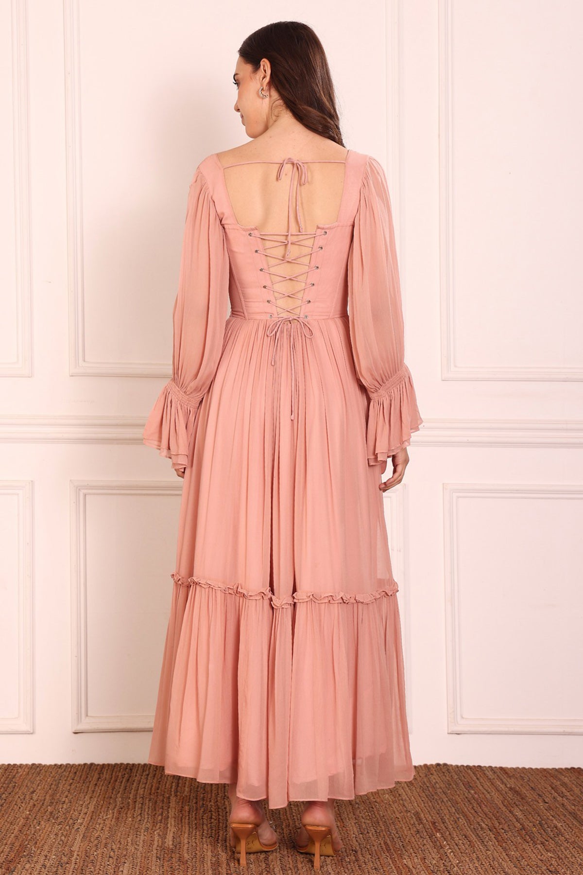 Pink Ruched Sleeves Maxi Dress