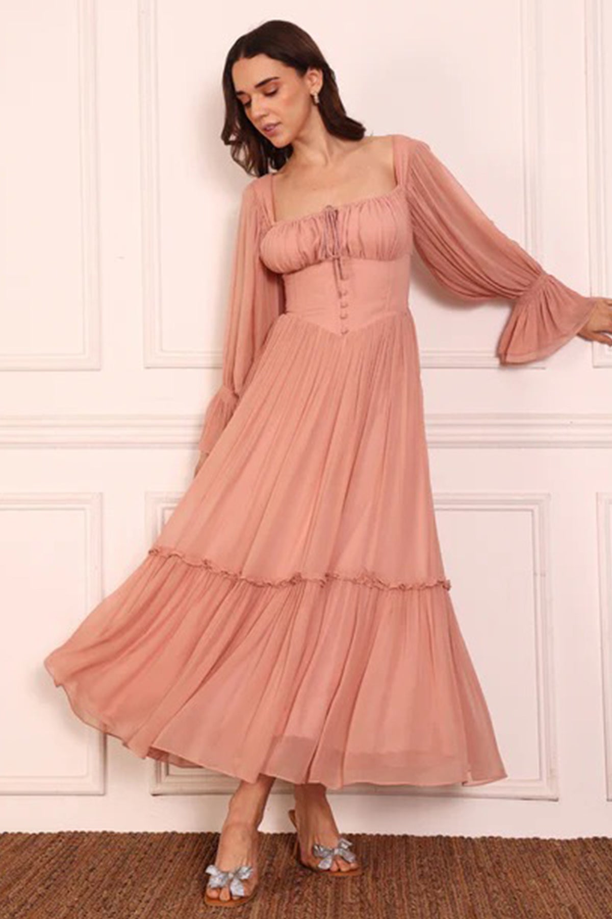 Pink Ruched Sleeves Maxi Dress