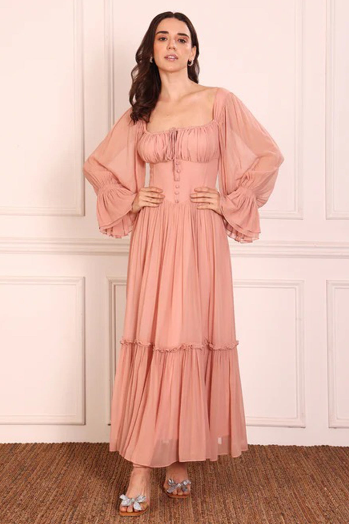 Buy Pink Ruched Sleeves Maxi Dress for women by Seoraa online available at scrollnshops