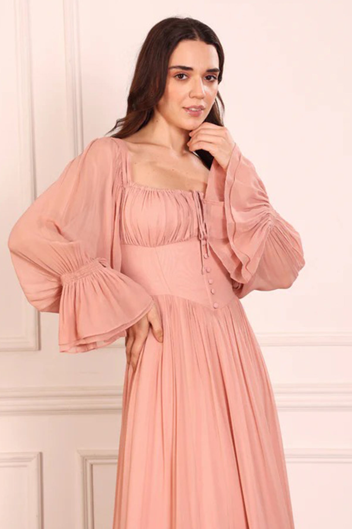 Pink Ruched Sleeves Maxi Dress