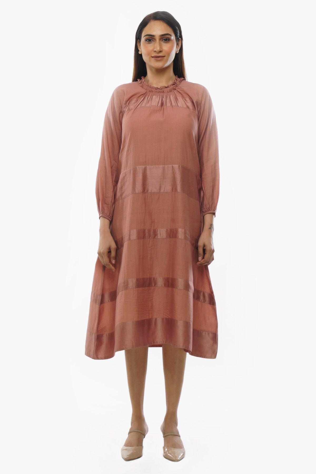 Pink Ruffle Neck Midi Dress