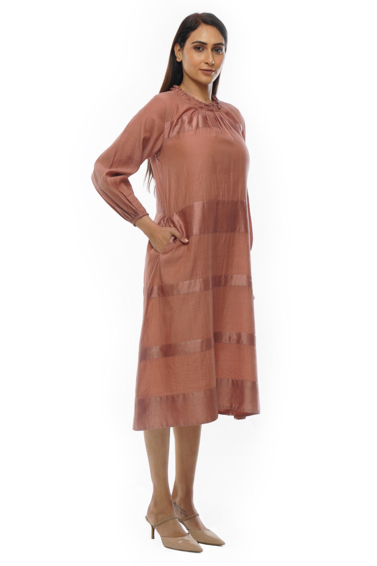 Pink Ruffle Neck Midi Dress