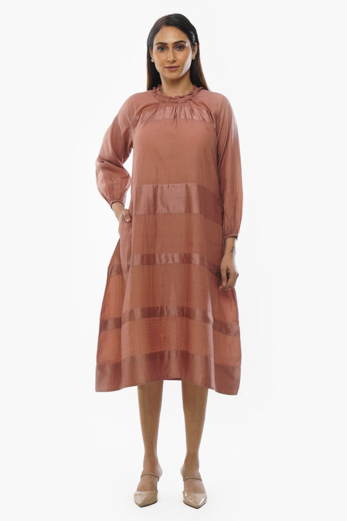 Buy Designer Pink Ruffle Neck Midi Dress Online